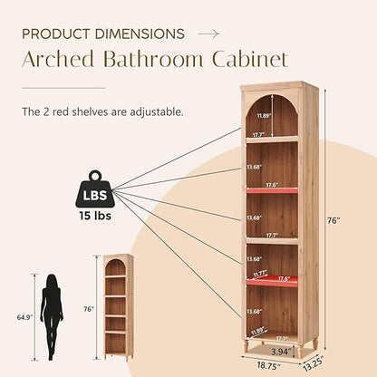 76" Tall Arched Bathroom Storage Cabinet, 5 Tiers Narrow Farmhouse Arched Cabinet w/Adjustable Shelves, Modern Wooden Storage Cabinet for Bathroom, Living Room, Entryway, Study Room (Natural)