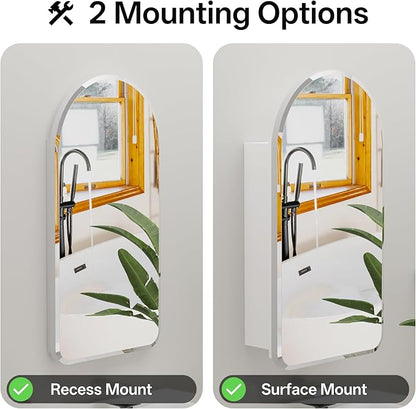 Arched Bathroom Medicine Cabinet with Mirror, No Assembly Needed, Recessed or Surface Mount Wall Storage Cabinet, Mirror Cabinet with Tissue Slot (Bevel, 29.5" L x 15.7" W)