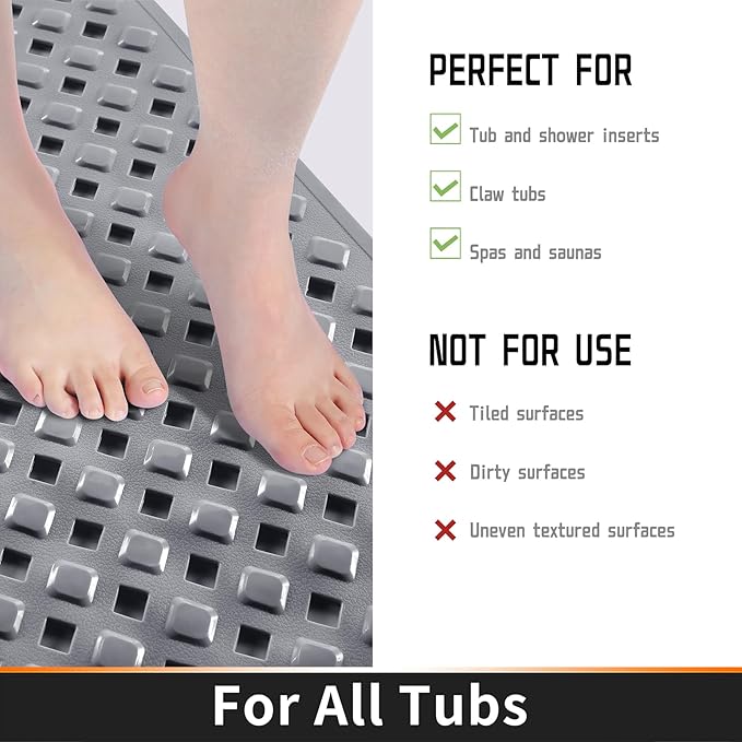 Yimobra Non Slip Bath Mat, Super Strong Suction Cups,34.5"x15.5"Long Tub Mat with Drain Holes, Machine Washable Fast Draining Shower Mats, Bathroom Essentials,Gray