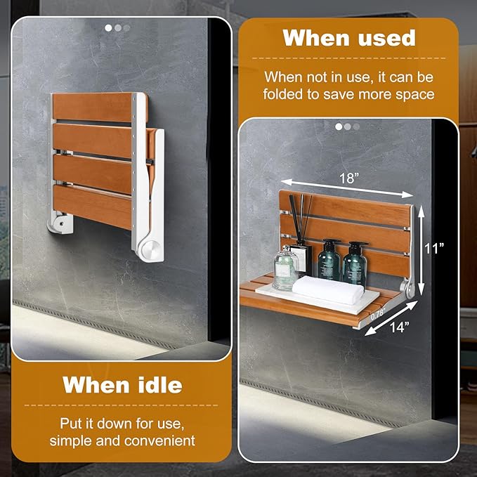 18" Wall Mount Shower Seat, Shower Bench Wall Mount for Inside Shower, Fold Down Shower Seat, Shower Seats for Adults