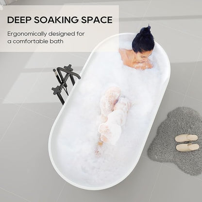 SJ STAR&JANE 59" Solid Surface Freestanding Bathtub, Matte White Oval Soaking Stone Resin Tub with Overflow and Pop-up Drain for Modern Bathrooms