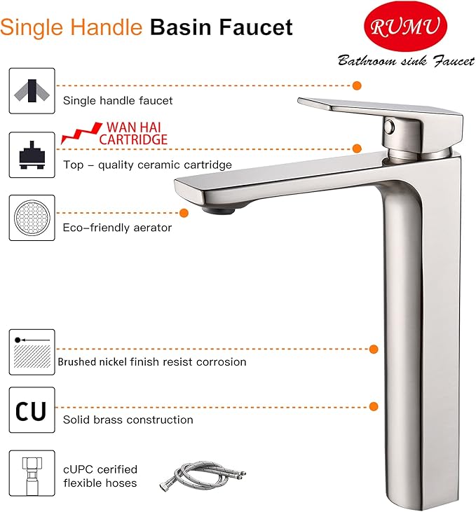 VOTON Vessel Sink Facuet Brushed Nickel Single Handle Tall Bathroom Sink Faucet Vanity Bathroom Faucet, Rv Lavatory Vanity Faucet Basin Mixer Tap Solid Brass 1.2 GPM