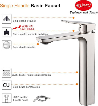 VOTON Vessel Sink Facuet Brushed Nickel Single Handle Tall Bathroom Sink Faucet Vanity Bathroom Faucet, Rv Lavatory Vanity Faucet Basin Mixer Tap Solid Brass 1.2 GPM
