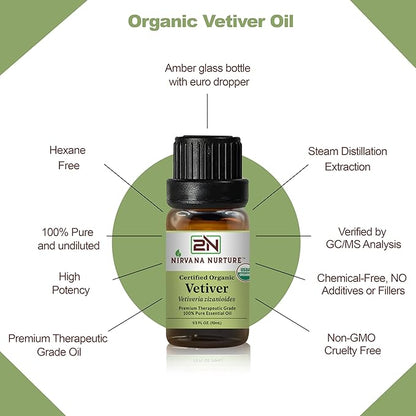 Vetiver Essential Oil USDA Certified Organic, 100% Pure Natural Premium Grade, Undiluted- Aromatherapy Diffuser for Calm and Relaxation, Skin Care, Hair Care