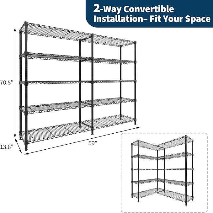 5-Tier Metal Storage Shelves, Adjustable Wire Shelving Unit for Garage, Pantry, Basement & Kitchen, Heavy-Duty Shelf Organizer with Double-Row Design, 59" w x 13.8" d x 70.5" h, 265 Lbs Per Tier