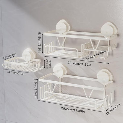 KEGII Shower Caddy Suction Cup – 3 Pack Suction Bathroom Organizer Shelf with Soap Holder & Hooks, Rustproof Removable Shower Organizer for Shampoo, Metal Bathroom Storage Rack, Cream White