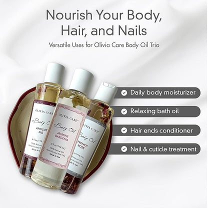 Olivia Care 3 Pack Body Oils: Apricot Fig, French Rose, Jasmine Gardenia - Natural Perfume Oils For Women & After Bath Oils Body Moisturizers, Rich in Vitamin E, K, & Omega (3 Scents)
