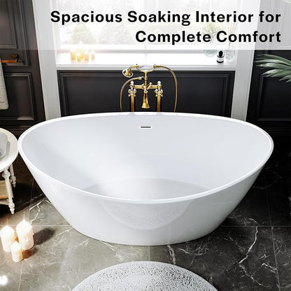 Empava Bathtub, 67" Soaking Tub, Acrylic Free Standing Tub with Center Drain and Overflow, Contemporary Design Bathtub for Bathroom, cUPC Certified, Glossy White