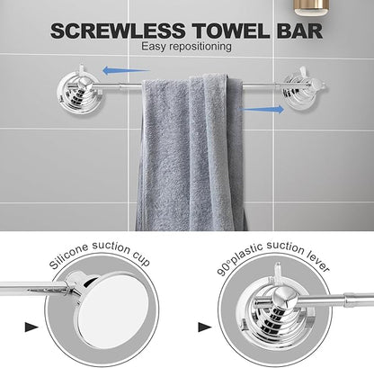 Suction Cup Towel Bar for Shower, 15.75''-25.6'' Adjustable Stainless Steel Towel Holder, Heavy Duty Suction Towel Rack with Powerful Vacuum Adsorption for Bathroom, Kitchen, RV, and Renters