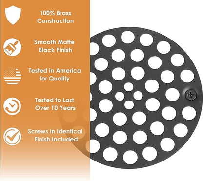 4" Black Screw-in Shower Strainer - 3-⅜” Screw Hole Spacing - 4 Inch OD Drain Cover - Solid Brass - Professional Grade and Lasting Durability - Matte Black Grate - Screws Included