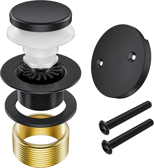 Matte Black Bathtub Drain Stopper and Overflow Kit, Solid Brass Tip-Toe Bath Tub Drain with Hair Catcher - Universal Coarse/Fine Thread, Bathroom Bathtub Plug Replacement, 11.5/16 UNC
