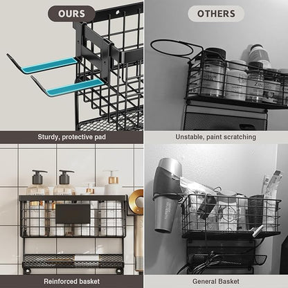 Hair Dryer Holder Wall Mounted, Adheisve Hair Styling Tool Organizer for hair Brush/Appliance Wall Mount with 5 Tier Shelf Basket Hooks Blow Dryer and Straightener Holder for Bathroom(Black)