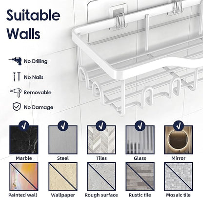 Shower Caddy Adhesive Shower Organizer 7-Pack, Rustproof Stainless Steel Bathroom Shelves, Large Capacity No-Drill Rack Storage Accessories with Soap Dish Toothbrush Holder Hooks (White)