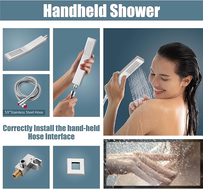 Aolemi Ceiling Mount Shower System Rain Shower Head with Handheld Spray High Pressure Shower Faucet Set Rough-in Valve Shower Trim Kit Included Bathroom Polish Chrome 10 Inch Ceiling Shower Head