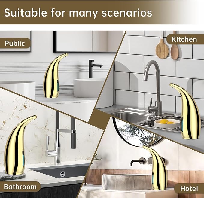 Automatic Soap Dispenser Touchless,300ML Hand & Dish Countertop Electric Liquid Rechargeable Dispenser with Sensor,Modern 4 Gear Adjustable Waterproof Kitchen Auto Soap Pump（Gold）