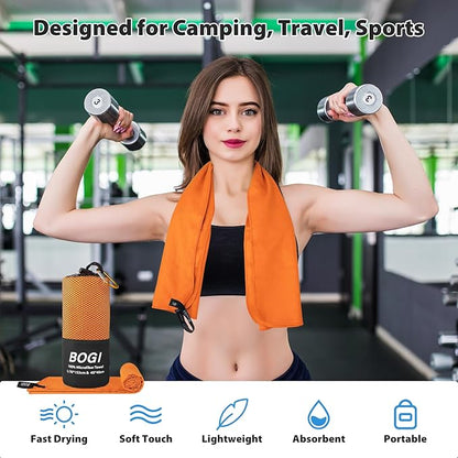 BOGI Microfiber Travel Sports Towel-Quick Dry Towel, Soft Lightweight Microfiber Camping Towel Absorbent Compact Travel Towel for Camping Gym Beach Yoga Swimming Backpacking (S:16''x32'',2Pcs-Orange)