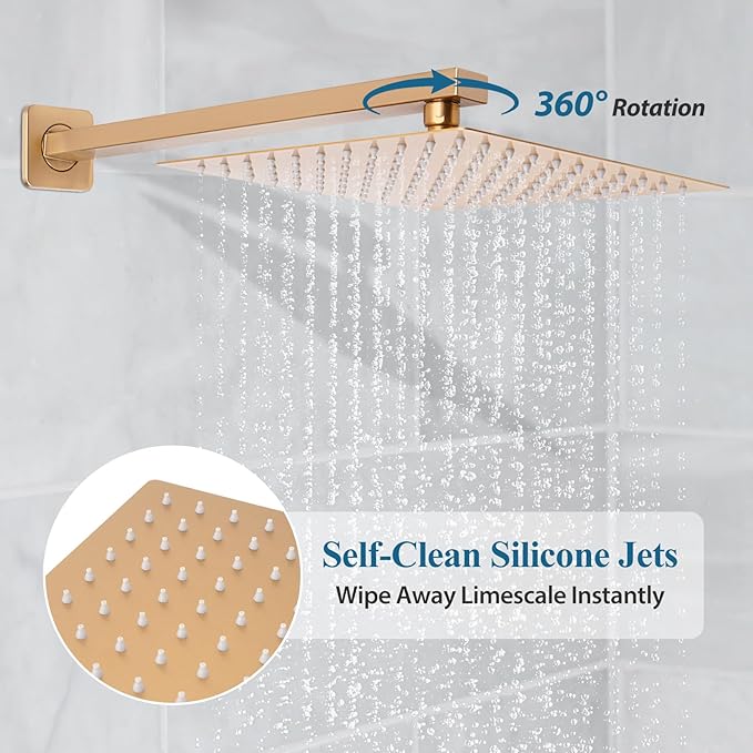 Brushed Gold Square Shower Head with Handheld Set, Rainfall Shower System Modern Wall Mounted Shower Faucet for Bathroom 10 inch (With Shower Valve)