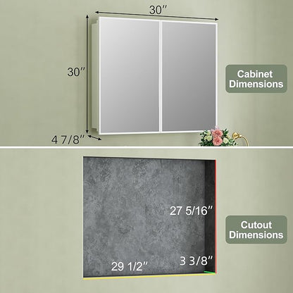 Buruis 30" x 30" Framed Medicine Cabinet with Mirror, Recessed or Wall Mounted Bathroom Cabinet, Adjustable Tempered Glass Shelves, Left/Right Open Reversible, No Assembly Required, White