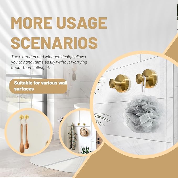 4Pcs New Model No-Drill Suction Cup Hooks for Door Wreaths, Wreath Hangers for Front Door, Suction Cup Hooks for Shower, Removable, Waterproof & Rustproof (Gold)