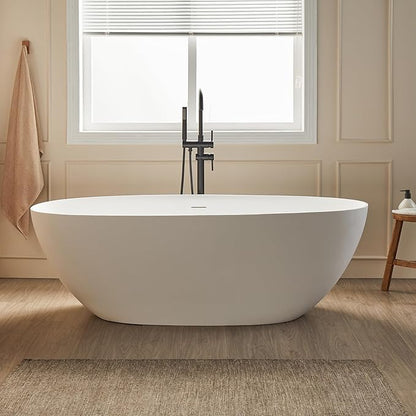 Cpingao 63" Solid Surface Freestanding Bathtub, Modern Oval Shape Soaking Tub, Stone Resin Stand Alone Bathtub with Drain & Integrated Slotted Overflow Matte White 8845-1600