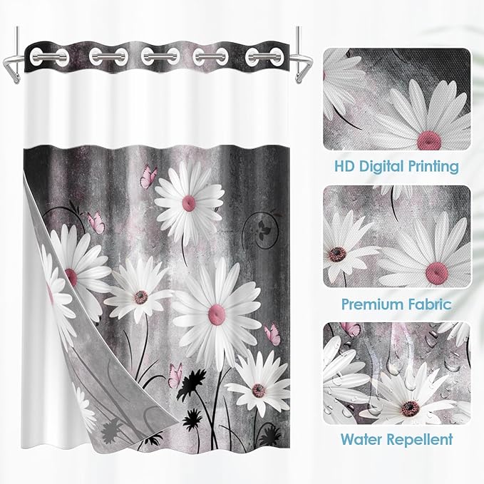 No Hook Pink White Daisy Butterfly Shower Curtain with Snap in Fabric Liner Set, Grey Farmhouse Double Layers Waterproof Fabric with See Through Top Window Open Grommet Bath Curtain 54x80 Inch