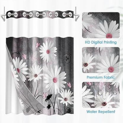 No Hook Pink White Daisy Butterfly Shower Curtain with Snap in Fabric Liner Set, Grey Farmhouse Double Layers Waterproof Fabric with See Through Top Window Open Grommet Bath Curtain 54x80 Inch
