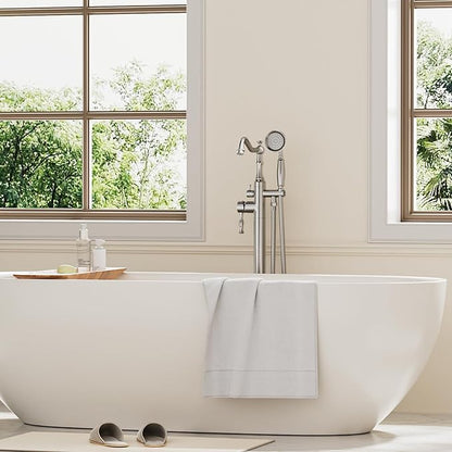 Brushed Nickel Bathtub Faucet Freestanding Tub Filler High Pressure Single Handle Bathtub Filler Floor Mounted Brass Bathroom Tub Faucets with Handheld Shower
