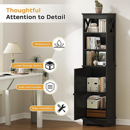 Narrow Bathroom Storage Cabinet with Door and Open Adjustable Shelves, 60.9" H Wooden Tall Tower Corner Farmhouse Cabinet, Freestanding Organizer for Kitchen, Entryway Black