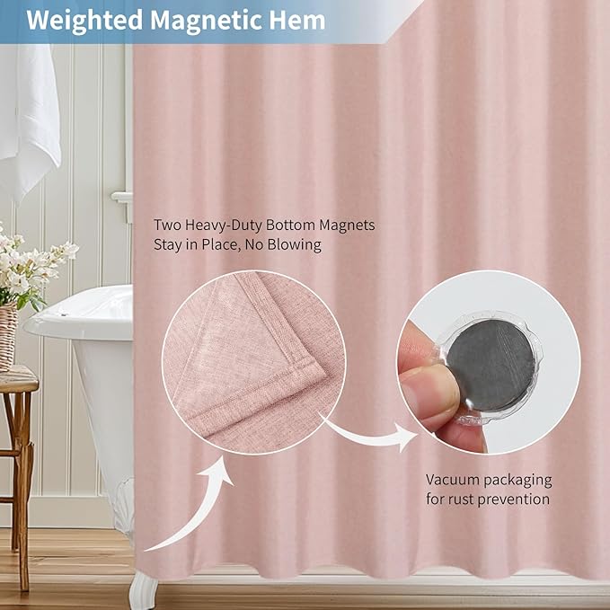 2-in-1 Waterproof Fabric Shower Curtain or Liner,Linen Textured,Breathable TPU & Washable Bathroom Shower Curtain Set with 12 Plastic Hooks,Modern,72"x72" Blush