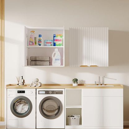ChooChoo Bathroom Wall Cabinet, Kitchen Storage Cupboard Cabinet with 2 Doors, Fluted Laundry Room Cabinet for Bathroom, Kitchen, Garage, White