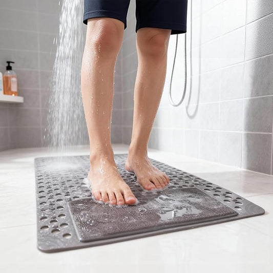 Bath Tub Shower Mat with Soft Shower Foot Scrubber Mat for Massage,Non Slip Bathtub Mat with Strong Suction Cups, Silicone Shower Foot Scrubber Mat (Gray, 27.5" X 15.7"(Rectangular))