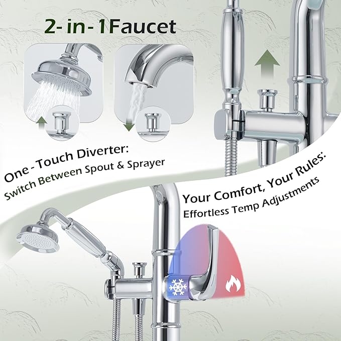 Luxury Free Standing Tub Faucet, Classic Brass Freestanding Bathtub Faucet, Lexdale Bathroom Floor Mount Tub Filler with handheld Sprayer Supply Lines Included Polished Chrome (LD8911-CP)