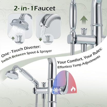 Luxury Free Standing Tub Faucet, Classic Brass Freestanding Bathtub Faucet, Lexdale Bathroom Floor Mount Tub Filler with handheld Sprayer Supply Lines Included Polished Chrome (LD8911-CP)