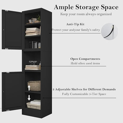 COFaR 67" Tall Metal Bathroom Storage Cabinet,6-Tier Freestanding Linen Tower with 2 Doors,Narrow Slim Metal Locker Storage Cabinet for Small Spaces,Modern,Black