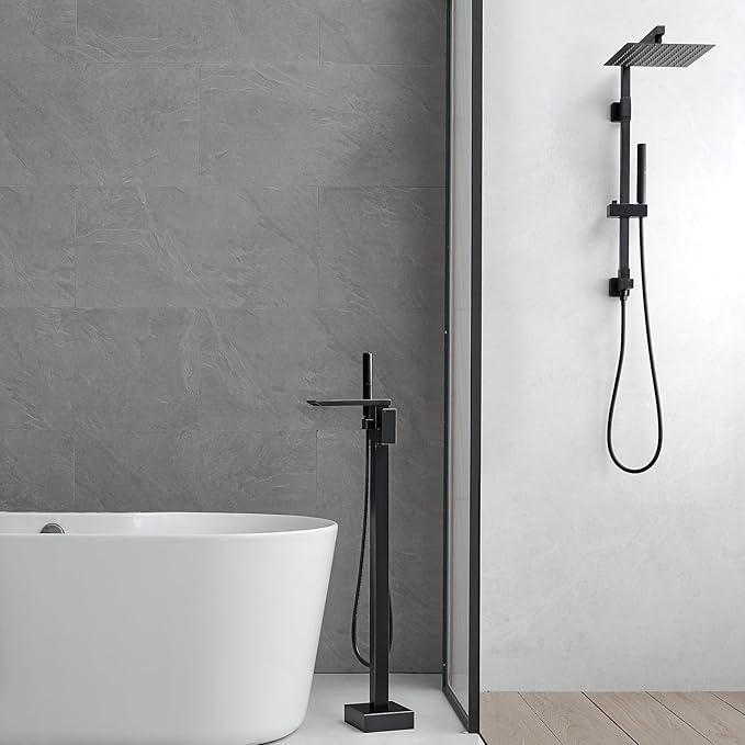 RUMOSE Oil Rubbed Bronze Bathtub Filler Freestanding Tub Filler Floor Mount Tub Faucet Waterfall Bathtub Faucet with CUPC Certified High Flow Brass Bath Shower Faucets with Handheld Sprayer