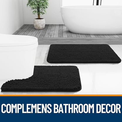 OLANLY Bathroom Rugs Sets 2 Piece, Soft Absorbent Chenille Bath Mats and U-Shaped Contour Toilet Rug, Non-Slip, Machine Washable Bath Carpet, Home Decor Accessories(24"x16"+24"x20", Black)