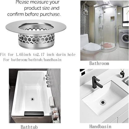 Hair Catcher Shower Drain Bathtub Lavatory Sink Drain Strainer for Laundry, Mop Pool, Utility, Slop, RV Sink, Stainless Steel Drain Filter。Fit Hole Size from 1.65-2.17" ，2Pack (1.5”)