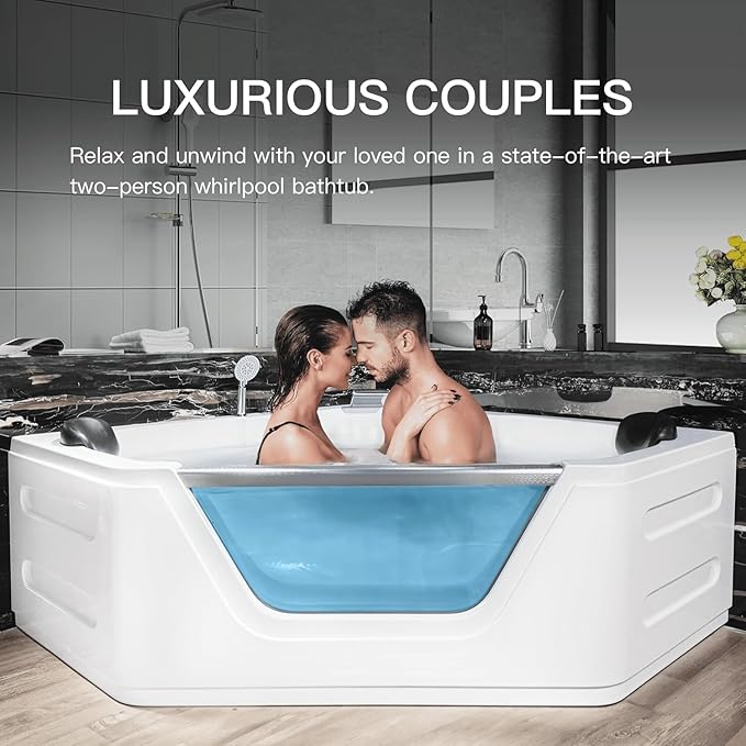 Corner Tub 2 Person Acrylic Whirlpool Bathtub,59" Corner Jetted Bathtub with Light,Spa Bath tub with 6 Jets,Hydro Massage Tub with Chromatherapy,White