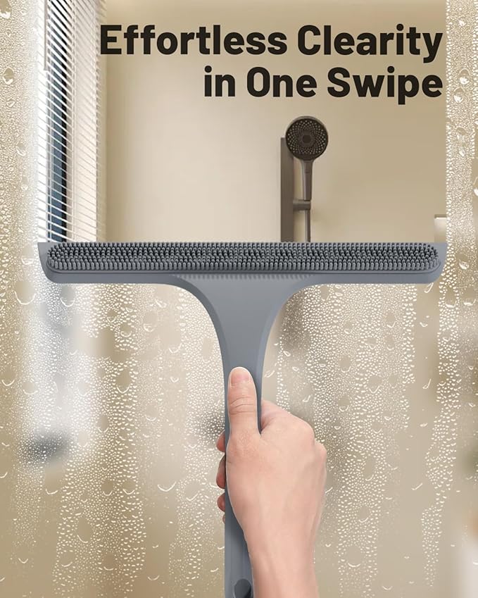 2-in-1 Silicone Shower Squeegee with Hook,Dual-Sided Design with Scraper & Scrub Surface,Rust-Proof Stainless Core,Streak-Free Bathroom Squeegee for Glass Doors,Mirrors,Windows,Car Windshields (Gray)
