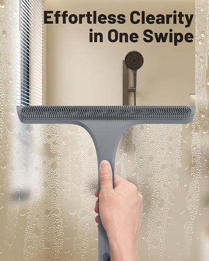 2-in-1 Silicone Shower Squeegee with Hook,Dual-Sided Design with Scraper & Scrub Surface,Rust-Proof Stainless Core,Streak-Free Bathroom Squeegee for Glass Doors,Mirrors,Windows,Car Windshields (Gray)