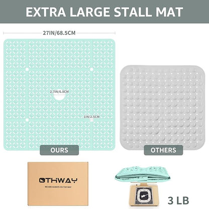 OTHWAY Square Shower Mat, 27"x 27" Extra Large Shower Mats for Inside Shower, TPE Anti Slip Shower mat with Suction Cups Drain Holes, Machine Washable Shower Floor Mat (Light Green)