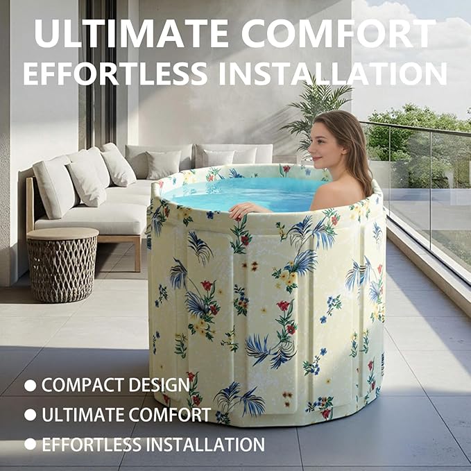 Portable Bath Tub for Adult, Foldable Soaking Bathtub for Hot SPA&Ice Bath, Foldable Small Bathtub Collapsible Tub for Bathing, Quick Setup No Installation (Noble Flower,25.9X27.5 IN)