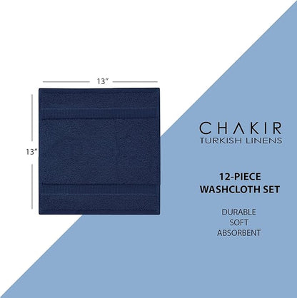 Chakir Turkish Linens Premium Cotton Absorbent Turkish Towels (Washcloths - 12 Piece, Navy Blue)