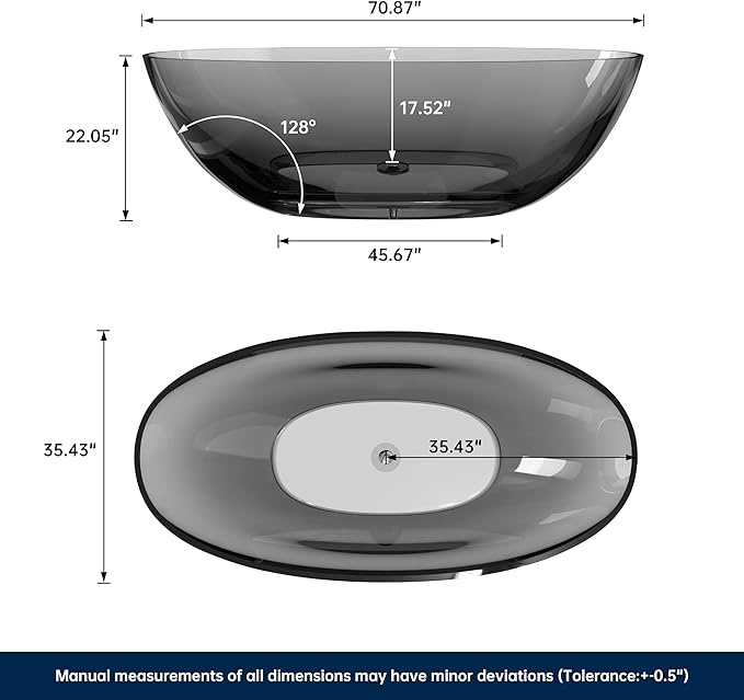 Stone Resin Freestanding Bathtub 71", Elegant Oval Shape Soaking Tub, Solid Surface Stand Alone Bathtub with Drain & Integrated Slotted Overflow Transparent Grey AMFS303-1800 Grey