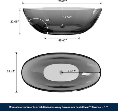 Stone Resin Freestanding Bathtub 71", Elegant Oval Shape Soaking Tub, Solid Surface Stand Alone Bathtub with Drain & Integrated Slotted Overflow Transparent Grey AMFS303-1800 Grey