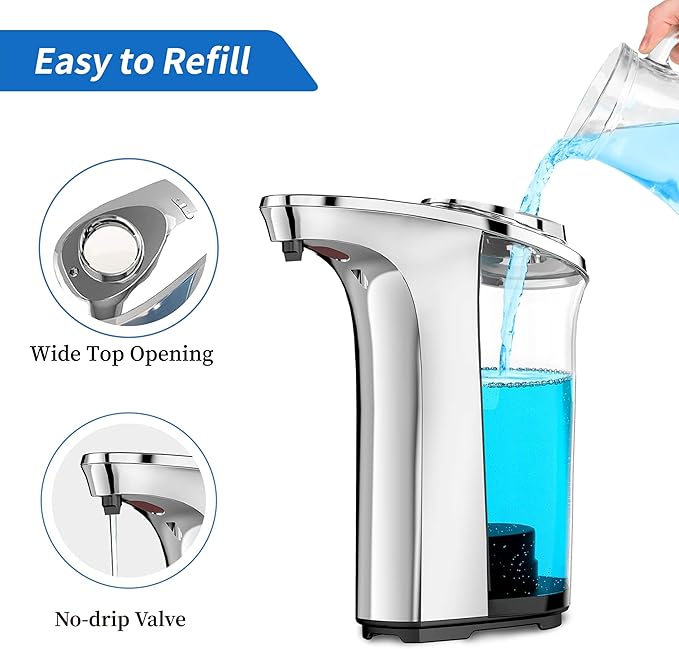 Automatic Soap Dispenser, Touchless Sensor Hand Soap Dispenser 17oz/500ml Silver, Adjustable 5 Dispensing, Refillable Reservoir, Battery Powered for Kitchen & Bathroom