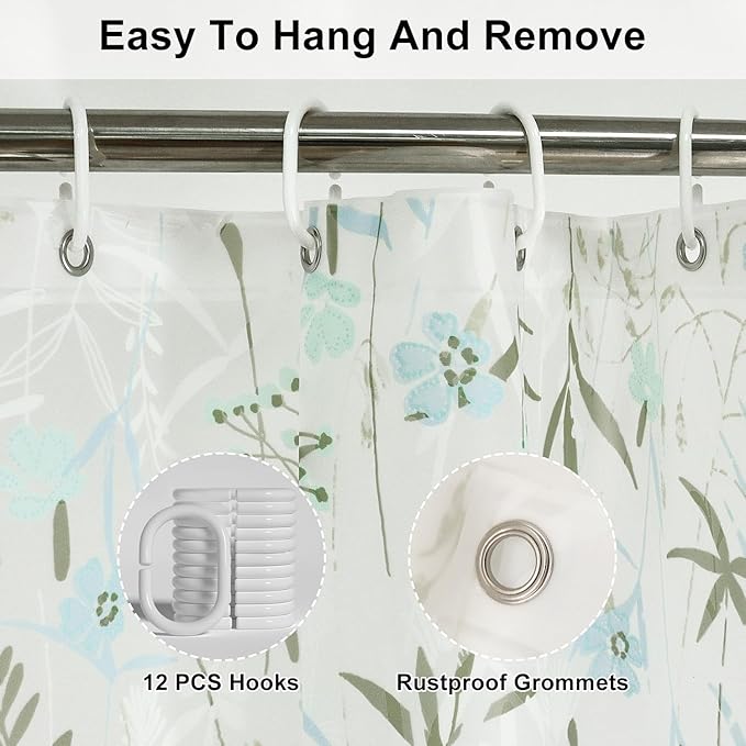 PEVA Shower Curtain, 72 x 72 Water Repellent Premium Bathroom Shower Curtain with 3 Magnetic Weights for Shower Stall, Bathtubs (Flower-1)