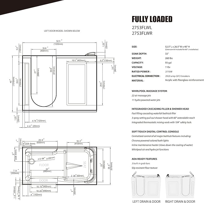 ANZZI Walk In Tub 53" x 27" Left-Drain Bathtub, Air & Whirlpool Massage Jets, Quick Fill with 6‑Setting Handheld Shower, Aromatherapy, Bath Pillow, LED Light | 2753FLWL
