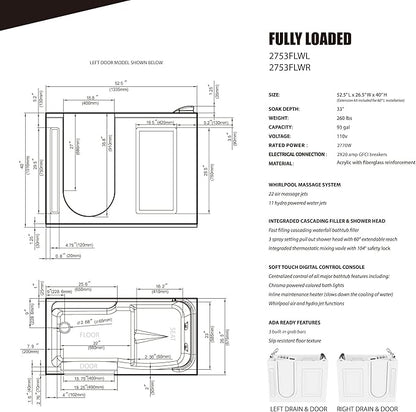 ANZZI Walk In Tub 53" x 27" Left-Drain Bathtub, Air & Whirlpool Massage Jets, Quick Fill with 6‑Setting Handheld Shower, Aromatherapy, Bath Pillow, LED Light | 2753FLWL