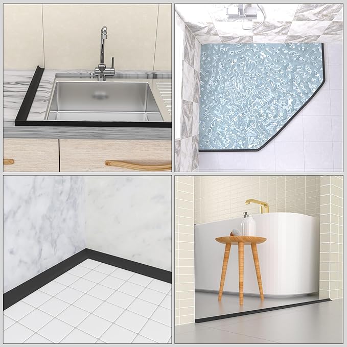 39Inch Collapsible Shower Threshold Water Dam Barrier, Self Adhesive Silicone Waterproof Shower Barrier Water Strip Dam for The Gap Between the Shower Kitchen Countertop Sink and Cooktop